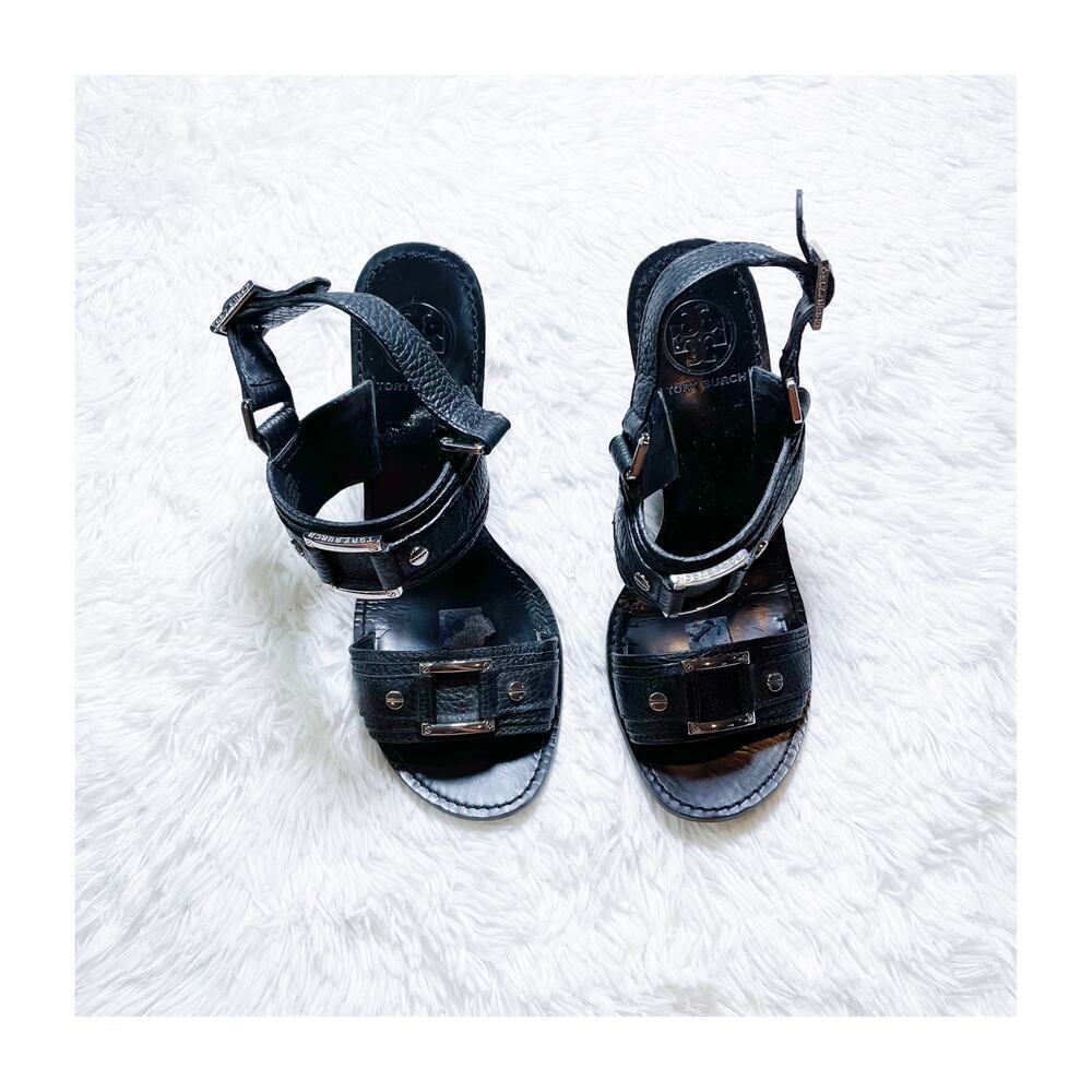 Tory Burch Leather Open Toe Wedges Silver Detailing SZ8